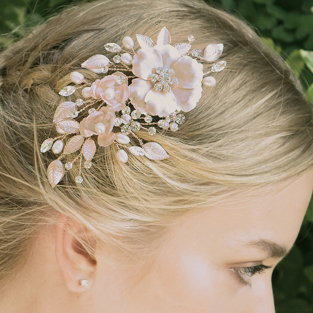 Floral Wedding Hair Clip Rose Gold with Crystals and Pearls COPPER ROSE