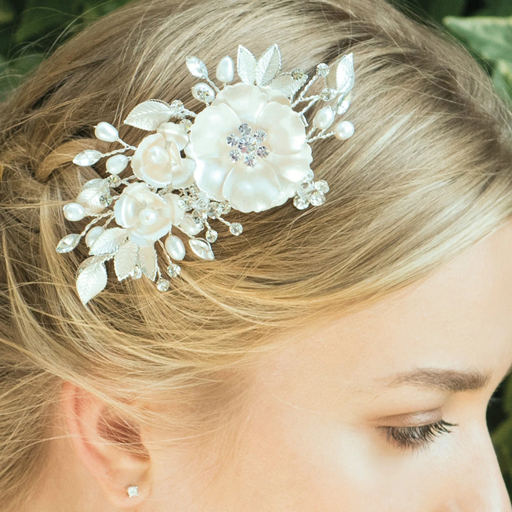 Floral Wedding Hair Clip with Austrian Crystals and Freshwater Pearls, WINTER ROSE