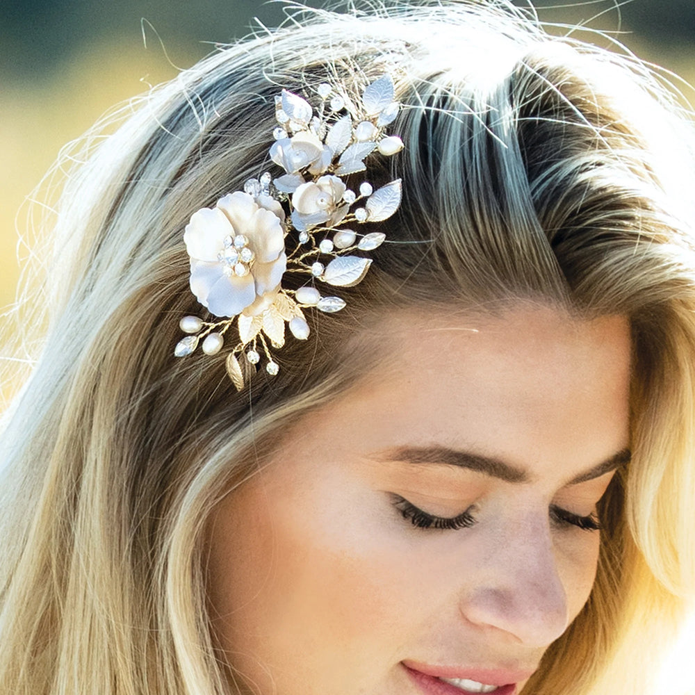 Floral Wedding Hair Clip with Crystals and Pearls SUNRISE