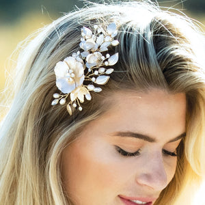 
            
                Load image into Gallery viewer, Floral Wedding Hair Clip with Crystals and Pearls SUNRISE
            
        