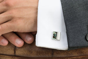 
            
                Load image into Gallery viewer, Gents Abalone Cufflinks, Brushed Rhodium, Groom, Best Man, Usher, Father of Bride Cufflinks WALDORF
            
        