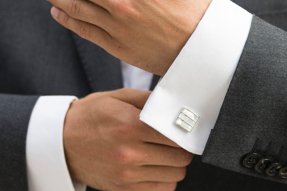 
            
                Load image into Gallery viewer, Gents Mother of Pearl Cufflinks, Rhodium, Groom, Best Man, Usher, Father of Bride Cufflinks FORBES
            
        
