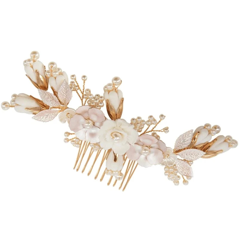 Gold Bridal Hair Comb, Hand Painted Blush Pink Flowers, 9806