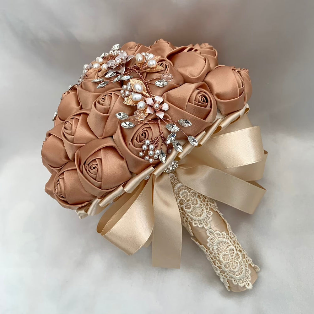
            
                Load image into Gallery viewer, Gold &amp;amp; Champagne Wedding Bouquet, Satin Rose Bridal Bouquet, Artificial Wedding Flowers, FL31
            
        