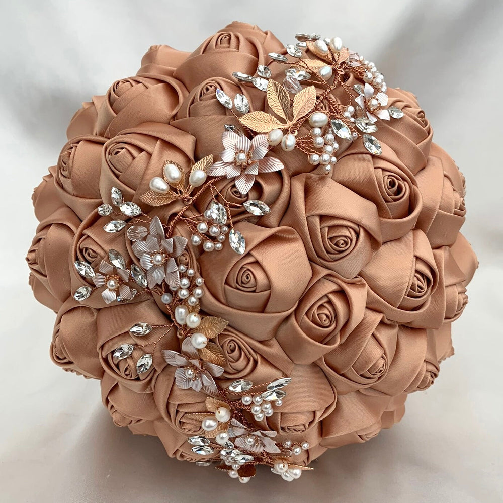 Gold & Champagne Wedding Bouquet, Satin Rose Bridal Bouquet, Artificial Wedding Flowers, FL31