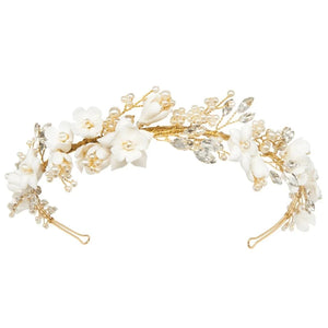
            
                Load image into Gallery viewer, Gold Floral Wedding Headband with Crystals &amp;amp; Pearls, A9068
            
        
