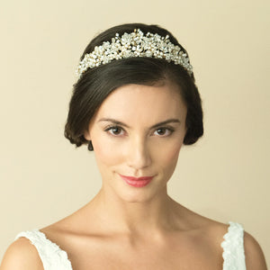 
            
                Load image into Gallery viewer, Gold Vintage Inspired Wedding Tiara with Crystals and Pearls ESMERELDA
            
        