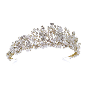 
            
                Load image into Gallery viewer, Gold Vintage Inspired Wedding Tiara with Crystals and Pearls ESMERELDA
            
        