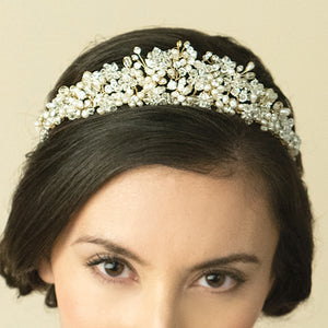 Gold Vintage Inspired Wedding Tiara with Crystals and Pearls ESMERELDA