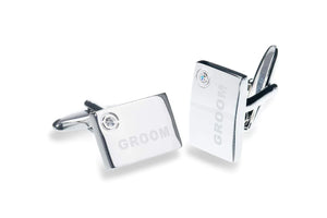 
            
                Load image into Gallery viewer, Groom Wedding Cufflinks, Silver, Laser Engraved with Crystal Setting GROOM-CUFFLINKS
            
        