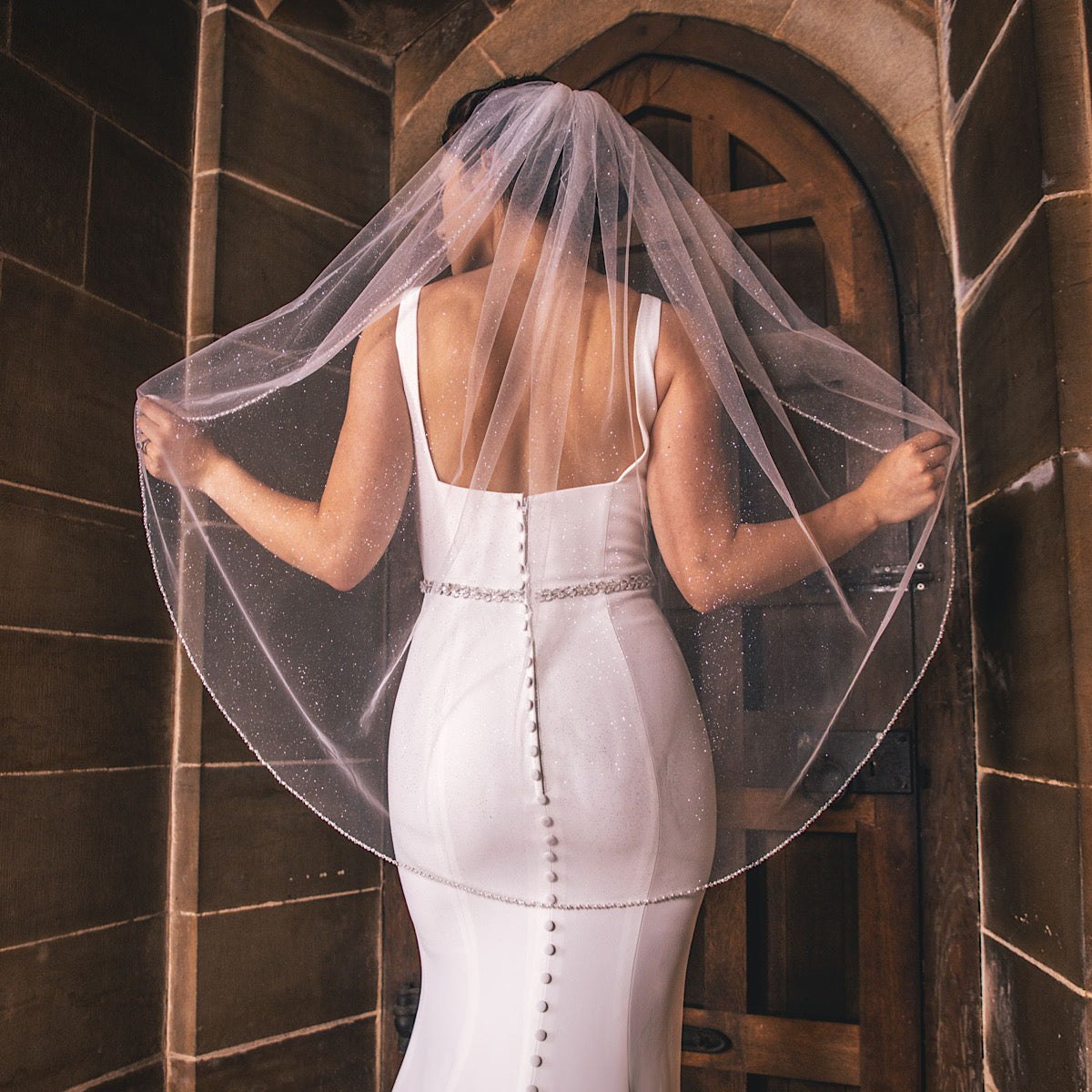 Fingertip Wedding Veil Glitter Tulle Single Tier Pearl & Crystal Edge PBV9057 - Topknot Tiaras & Veils