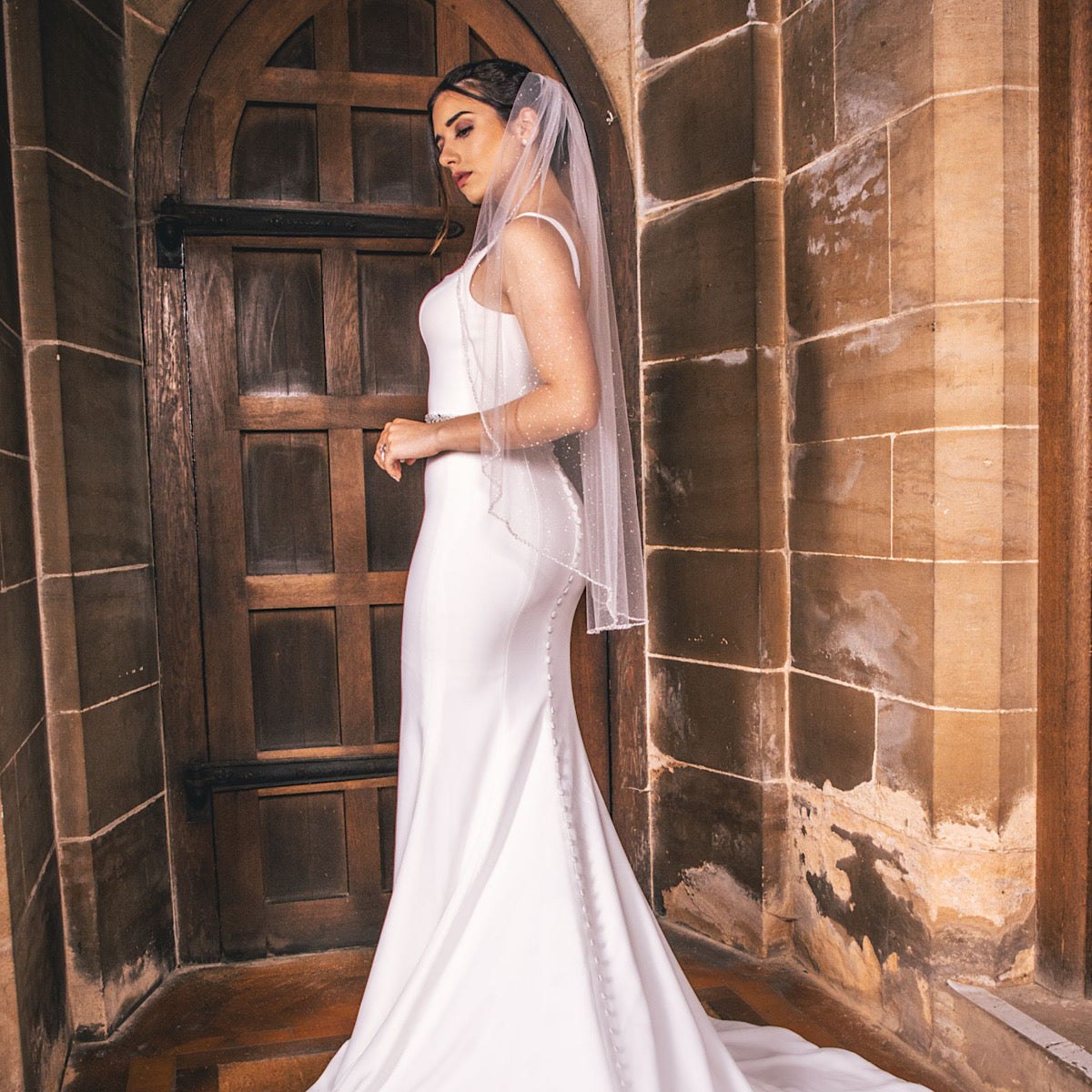 Fingertip Wedding Veil Glitter Tulle Single Tier Pearl & Crystal Edge PBV9057 - Topknot Tiaras & Veils