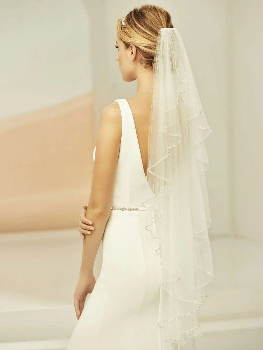Fingertip Wedding Veil, Single Tier, Crystal Edge, Ivory Tulle S399 - Topknot Tiaras & Veils