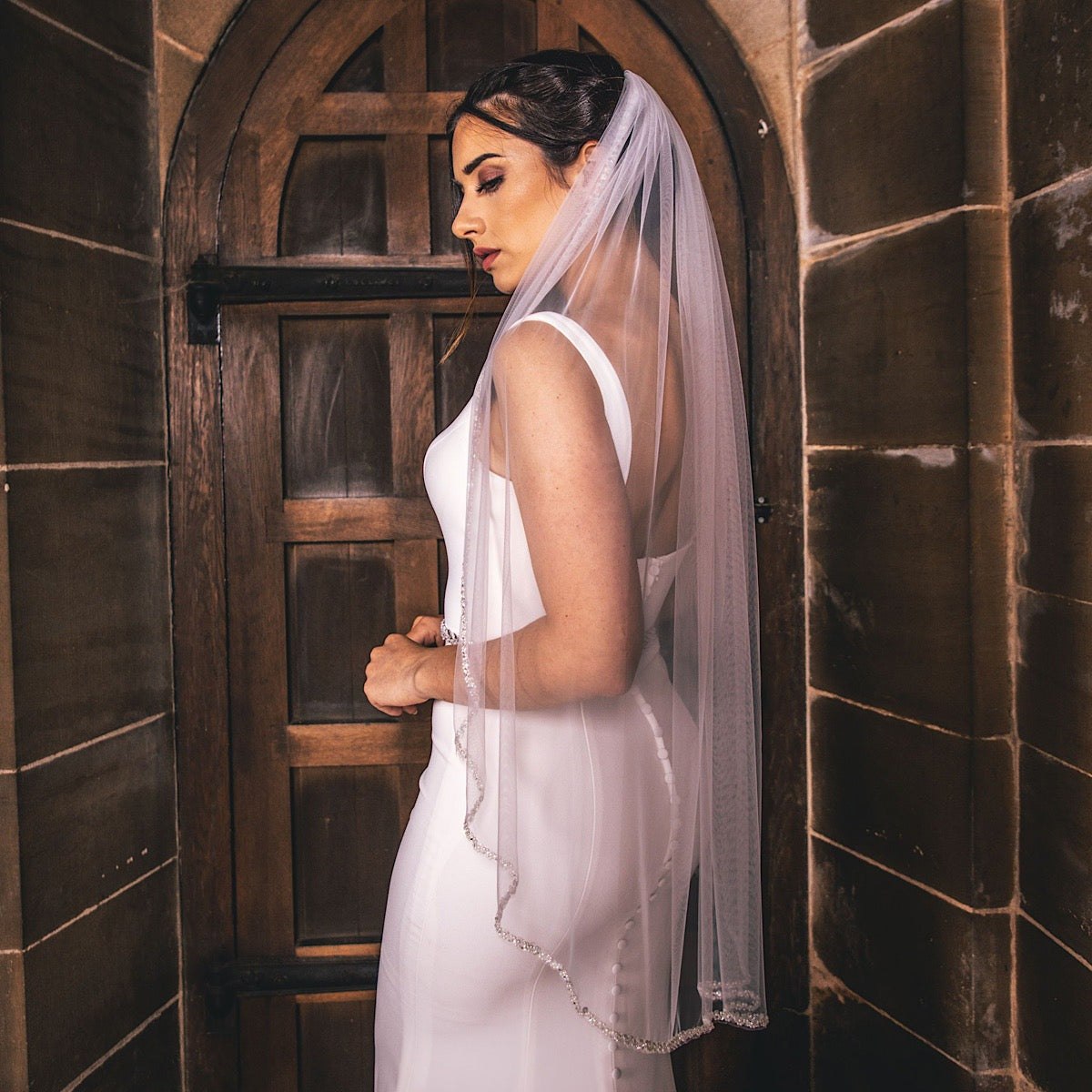 Fingertip Wedding Veil Single tier with Silver Beaded Edge PBV9058 - Topknot Tiaras & Veils