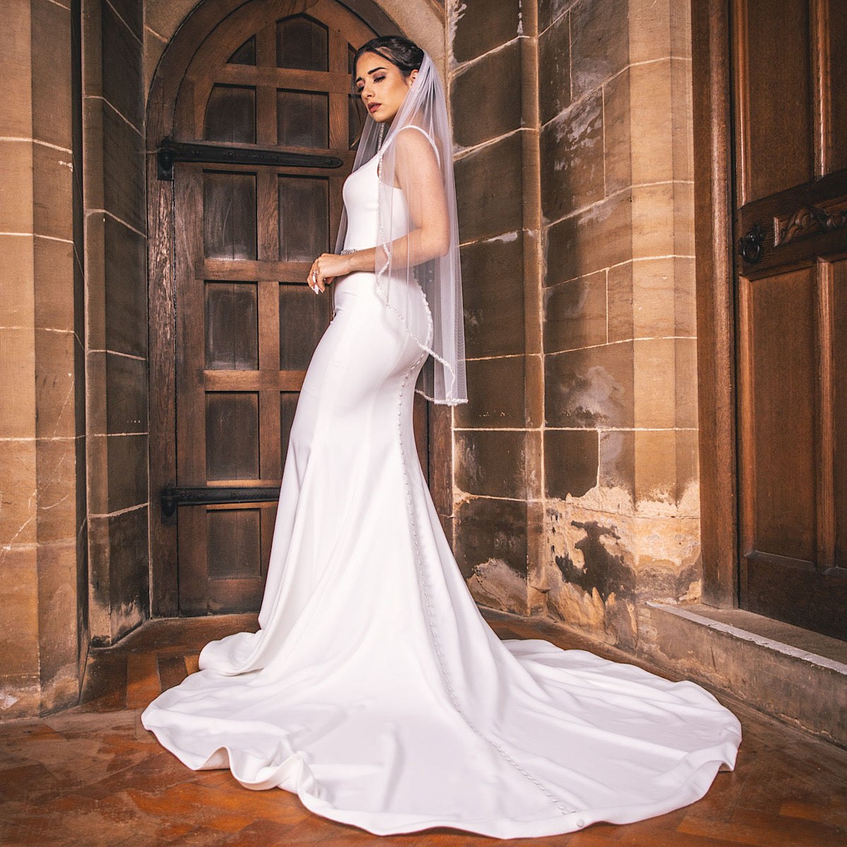 Fingertip Wedding Veil Single tier with Silver Beaded Edge PBV9058 - Topknot Tiaras & Veils