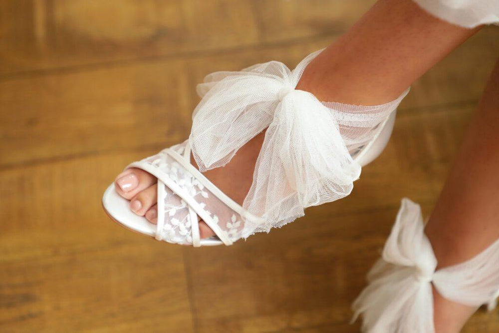 
            
                Load image into Gallery viewer, Ivory Satin &amp;amp; Lace Wedding Shoes with Tulle Bow, By Perfect Bridal, KENNEDY
            
        