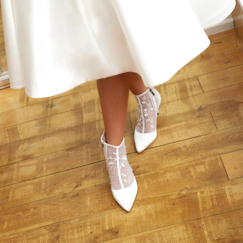 
            
                Load image into Gallery viewer, Ivory Satin Wedding Boot with Sequinned Lace By Perfect Bridal, MOGEN
            
        
