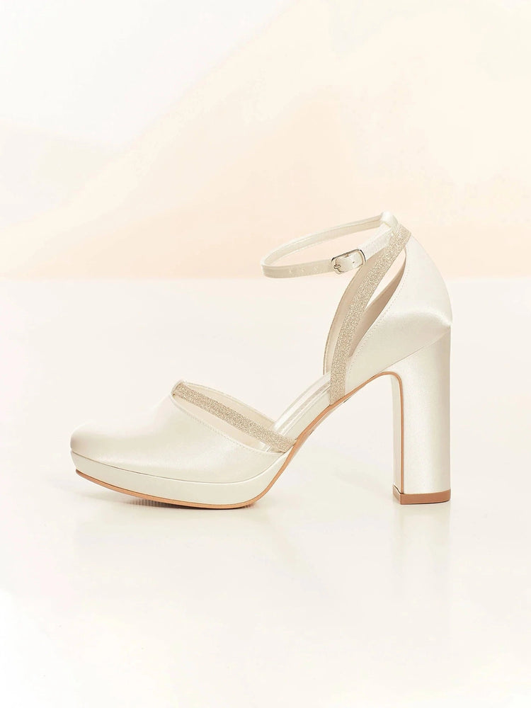 Ivory Satin Wedding Heels, Glitter Bridal Shoe, MARY