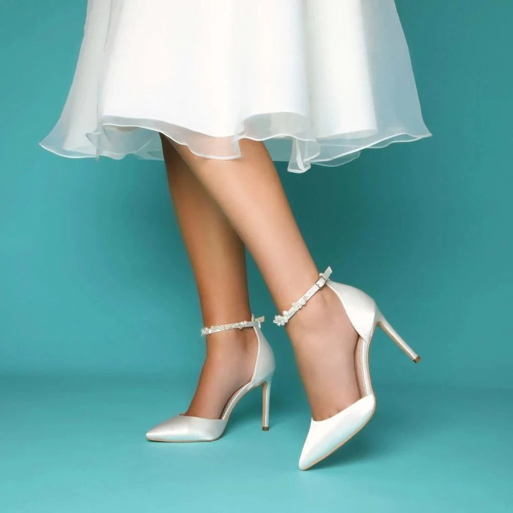 Ivory Satin Wedding Heels with Keshi Pearls, Ankle Strap, ELLA