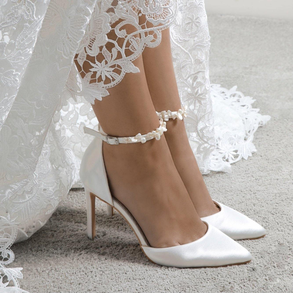 Ivory Satin Wedding Heels with Keshi Pearls, Ankle Strap, ELLA