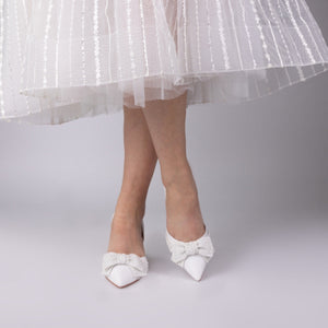 Ivory Satin Wedding Shoe with Pointed Toe & Bow By Perfect Bridal, Adele