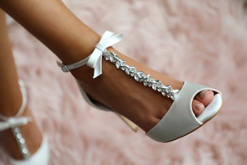 
            
                Load image into Gallery viewer, Ivory Satin Wedding Shoes with Crystal T-Bar, By Perfect Bridal, PHOENIX
            
        