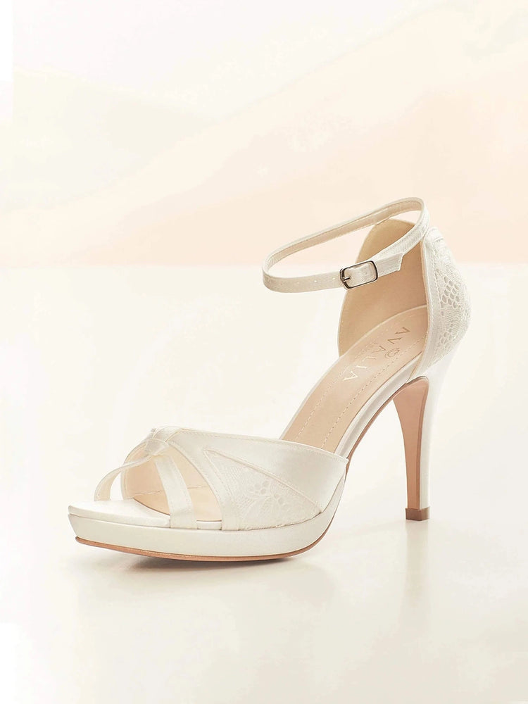 
            
                Load image into Gallery viewer, Ivory Wedding Shoe, Satin &amp;amp; Lace Bridal Heels, ALBA
            
        
