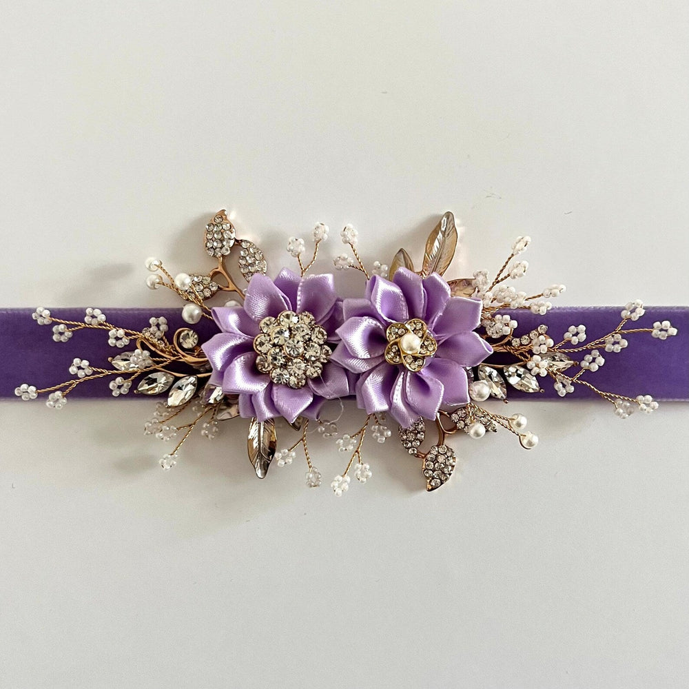 Lilac Flower Girl Belt Sash, Floral Bridal Belt, Velvet Wedding Dress Belt, All colours, TT437