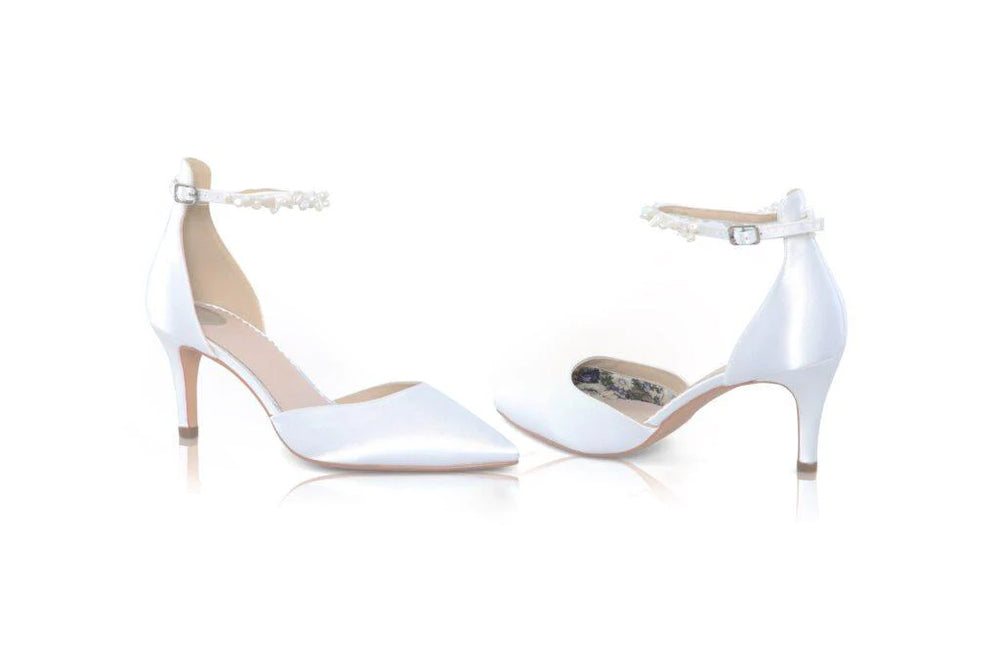 
            
                Load image into Gallery viewer, Low Heel Bridal Shoe, Ivory Satin with Keshi Pearls, Ankle Strap, ELLAMID
            
        