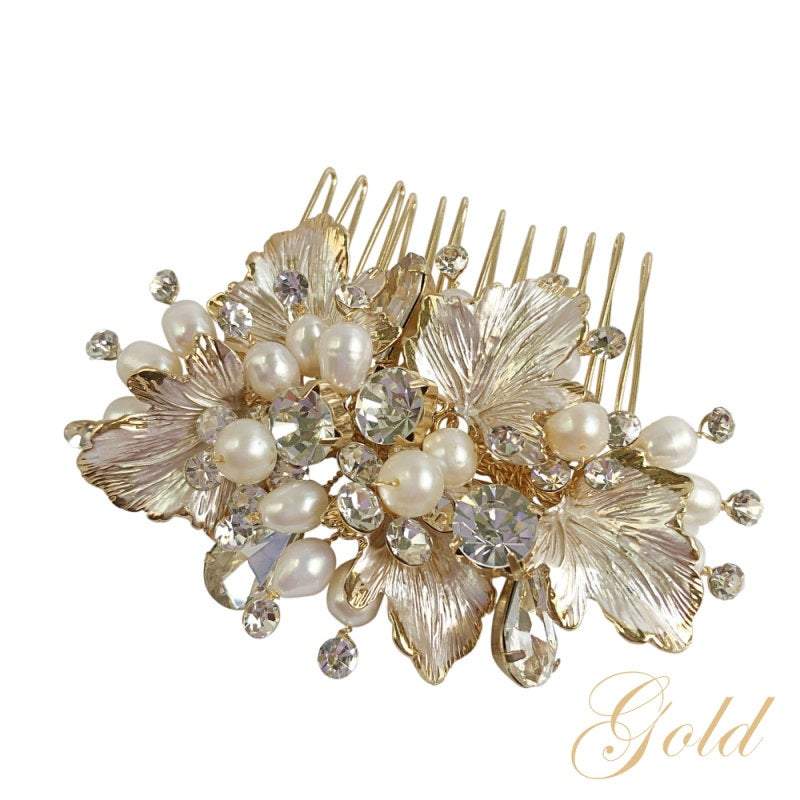 Pearl and Crystal Wedding Hair Comb, Headdress, Silver, Gold or Rose Gold 1889,1887,1885-Silver