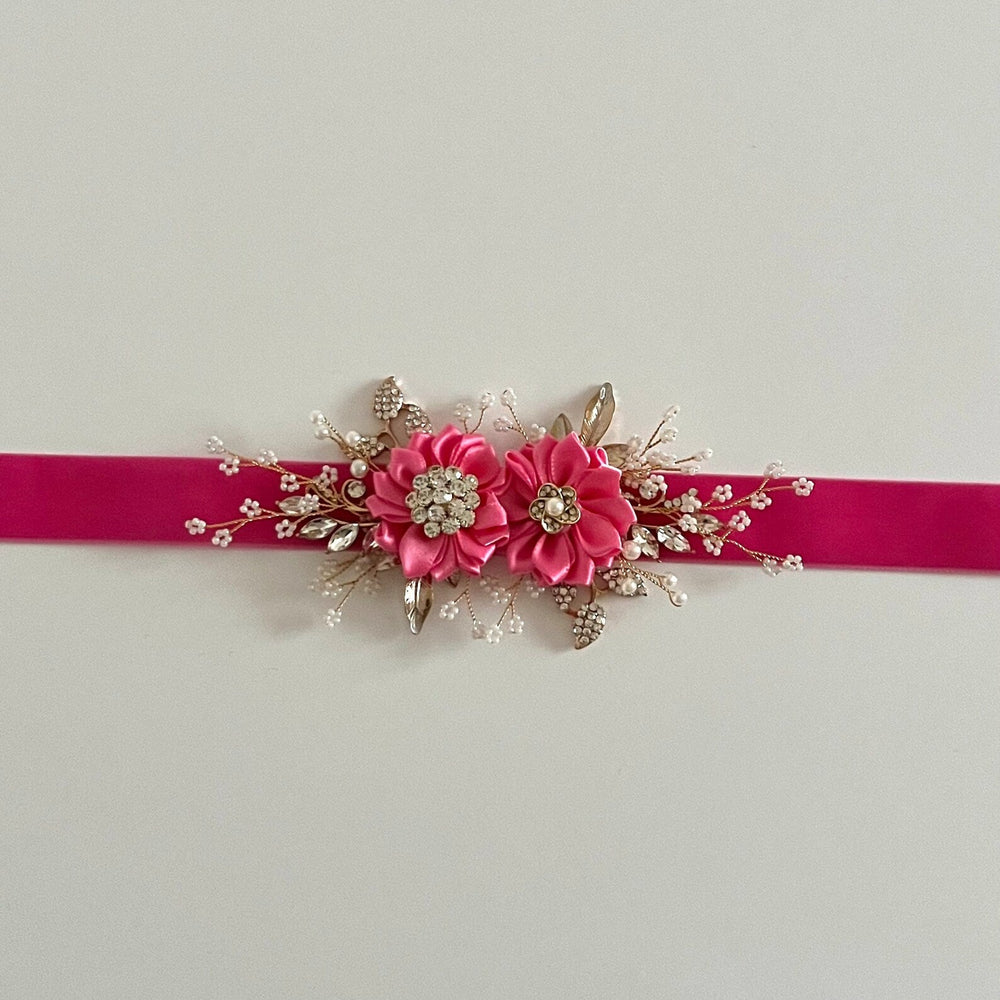 Pink Flower Girl Belt Sash, Floral Bridal Belt, Velvet Wedding Dress Belt, All colours, TT438