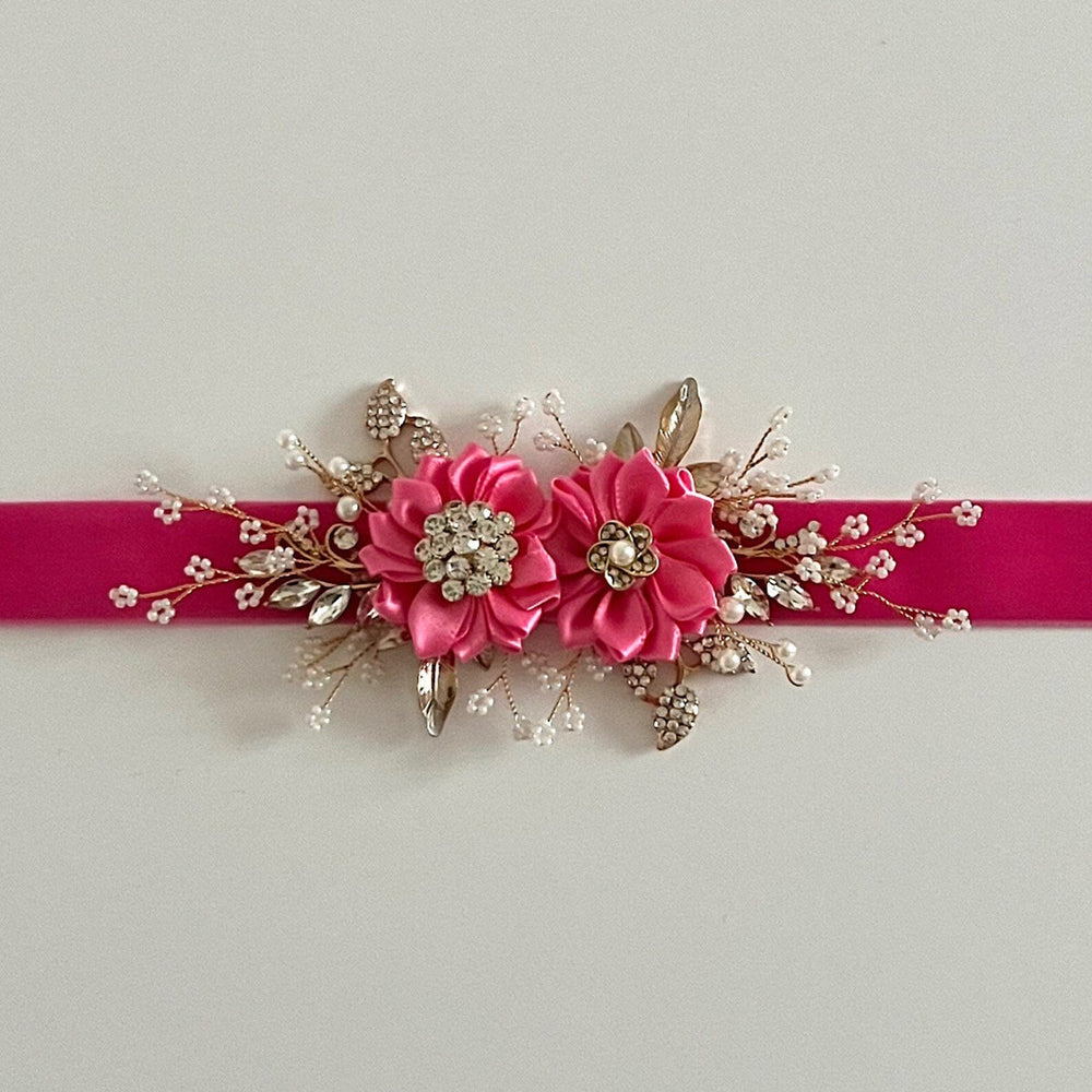 Pink Flower Girl Belt Sash, Floral Bridal Belt, Velvet Wedding Dress Belt, All colours, TT438