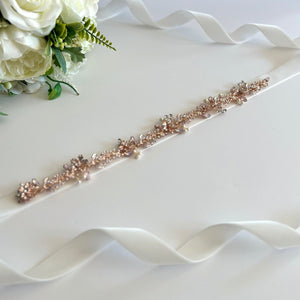 Rose Gold Bridal Belt, Crystal & Pearl Wedding Belt Sash TT444