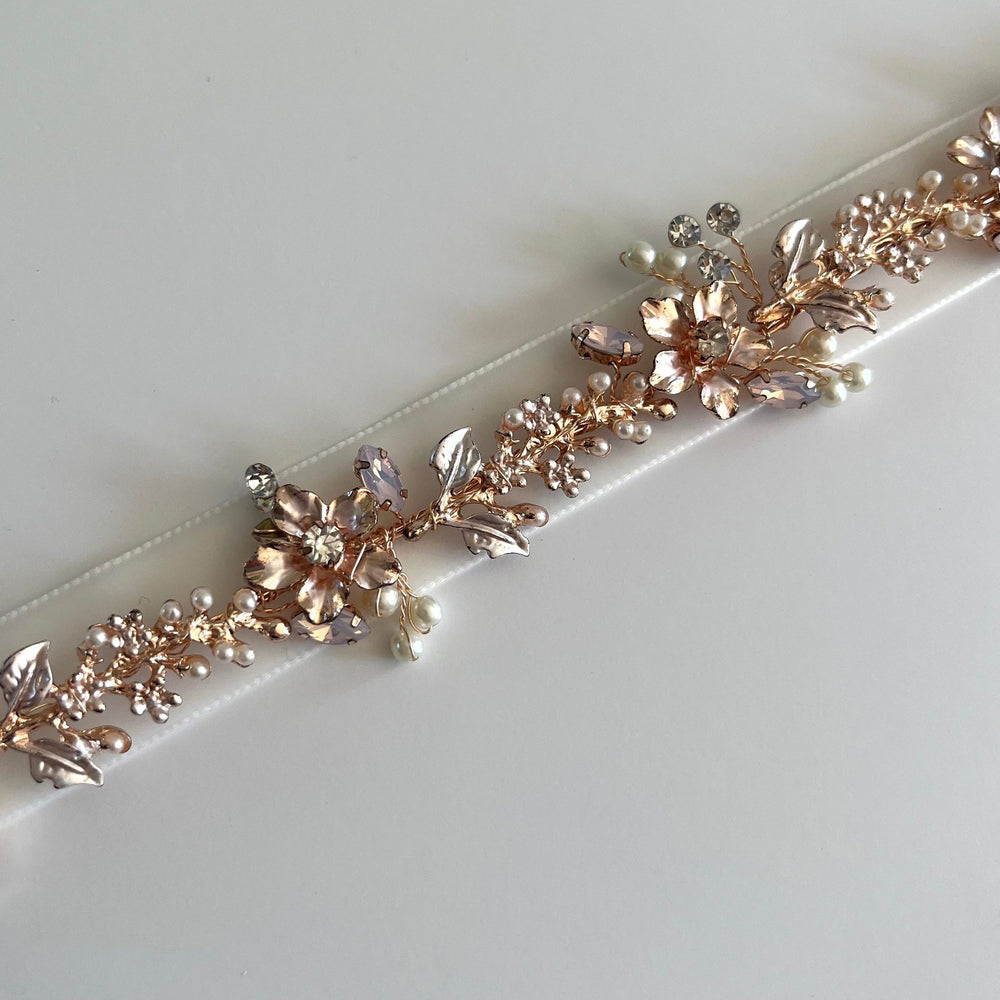 Rose Gold Bridal Belt, Crystal & Pearl Wedding Belt Sash TT444