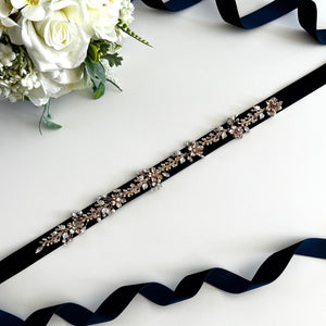Rose Gold Bridal Belt, Navy Blue Wedding Belt Sash with Crystals & Pearls TT445
