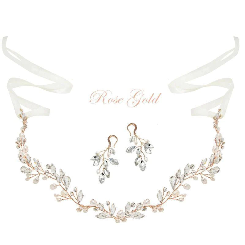 Rose Gold Crystal Hair Vine and Earring Set, 7248