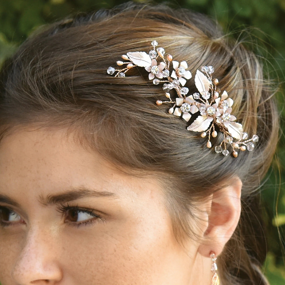 Rose Gold Crystal and Blush Pearl Wedding Hair Clip, Meadowsweet