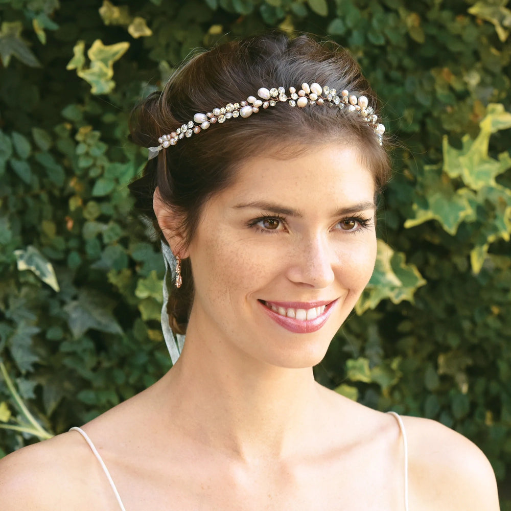 
            
                Load image into Gallery viewer, Rose Gold Crystal and Pearl Wedding Hair Vine, Eleanora
            
        