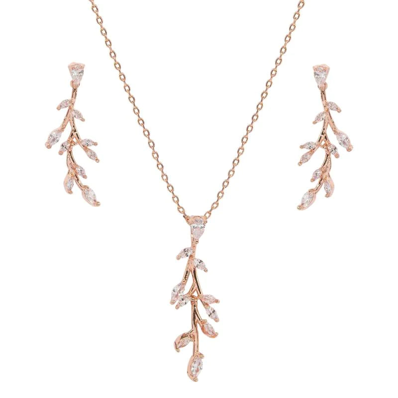 Rose Gold Vine Crystal Necklace & Earring Jewellery Set 7717