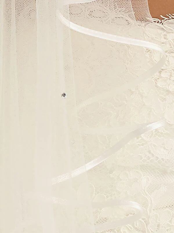 Single Tier Satin Edge Wedding Veil, Swarovski Crystals, Soft Ivory or White Tulle S6S