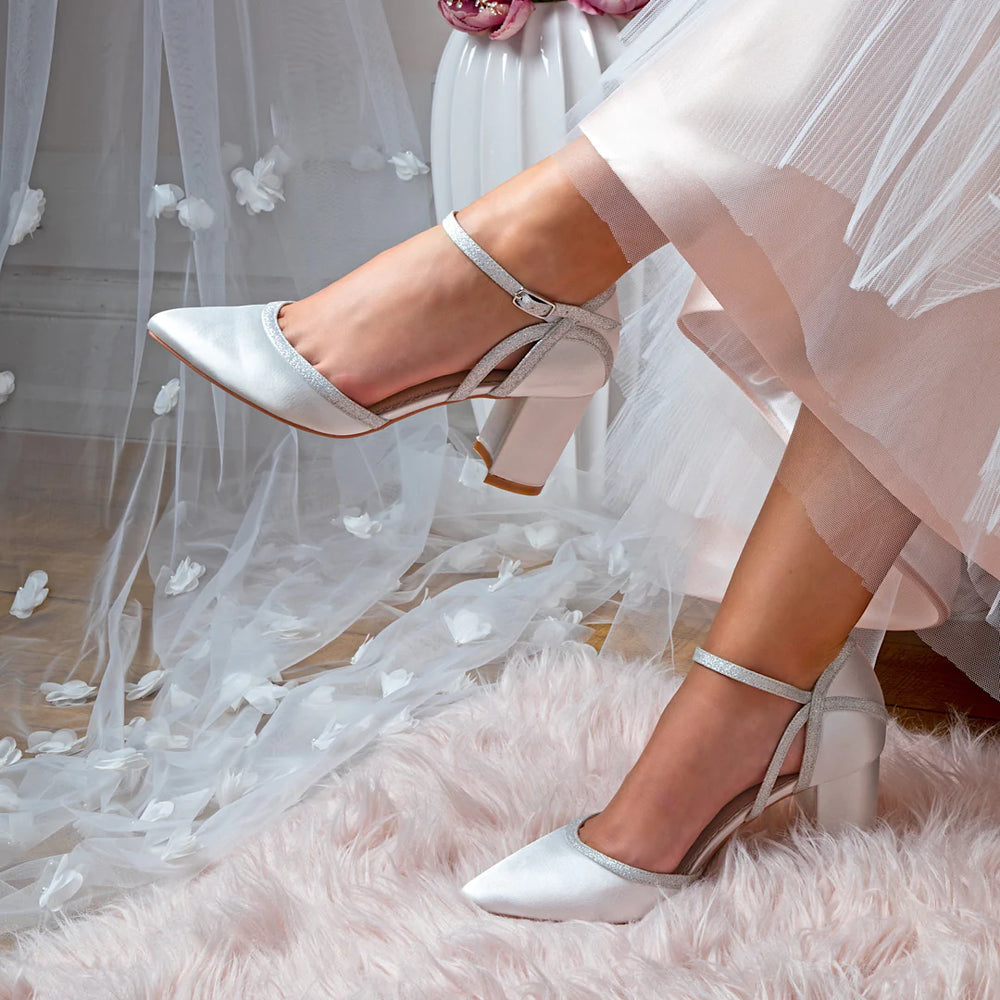 
            
                Load image into Gallery viewer, Satin Bridal Shoe with Silver Glitter Trim, By Perfect Bridal, Robyn
            
        