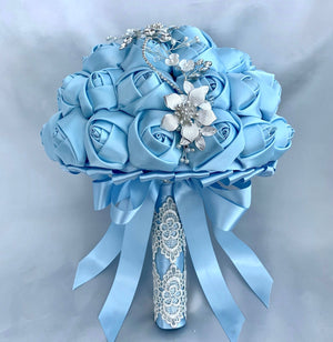 Satin Rose Bridal Bouquet, Blue Jewelled Wedding Bouquet, Artificial Wedding Flowers, FL28
