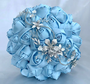 Satin Rose Bridal Bouquet, Blue Jewelled Wedding Bouquet, Artificial Wedding Flowers, FL28