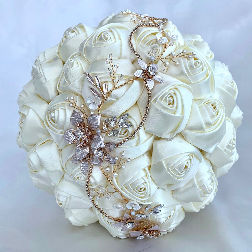 Satin Rose Wedding Bouquet, Ivory Jewelled Bridal Bouquet, Artificial Wedding Flowers, FL29