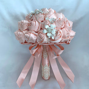 
            
                Load image into Gallery viewer, Satin Rose Wedding Bouquet, Jewelled Bridal Bouquet, Peach Artificial Wedding Flowers, FL30
            
        