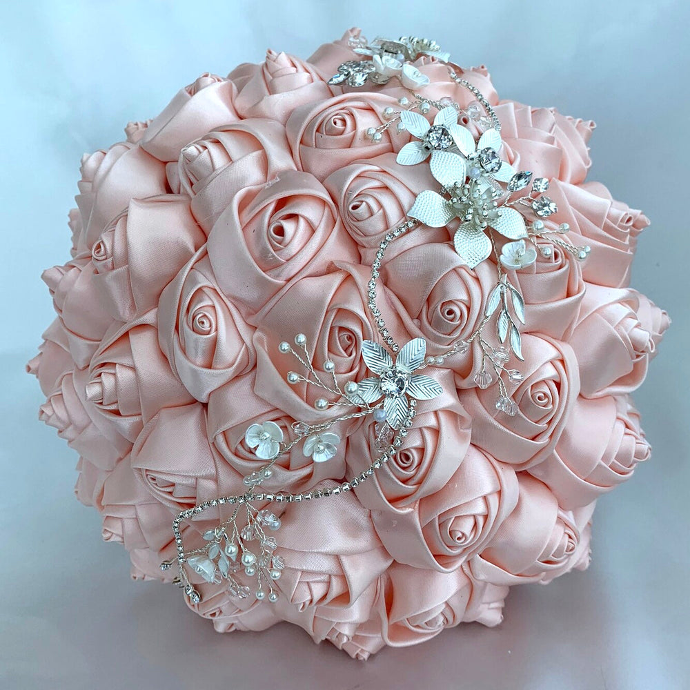
            
                Load image into Gallery viewer, Satin Rose Wedding Bouquet, Jewelled Bridal Bouquet, Peach Artificial Wedding Flowers, FL30
            
        
