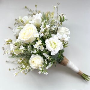 Silk Wedding Bouquet, Hand Tied Bridal Bouquet, Ivory Flowers, All Sizes FL11