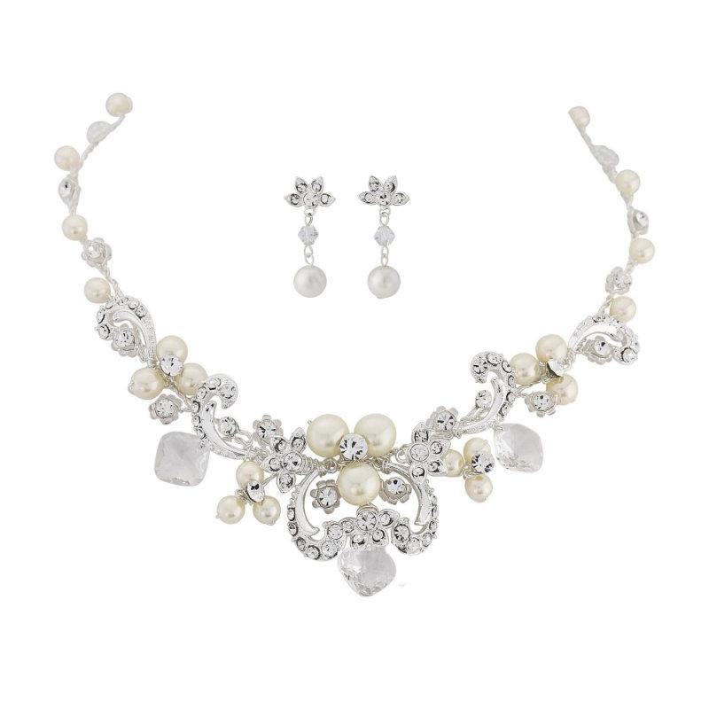 Silver Bridal Jewellery Set Crystals and Pearls 3693