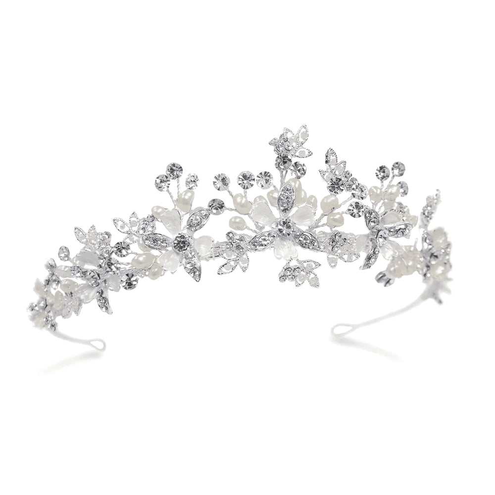 Silver Bridal Tiara, Crystals and Pearls, Sonata