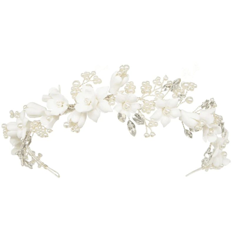 Silver Floral Wedding Headband with Crystals & Pearls, A9069